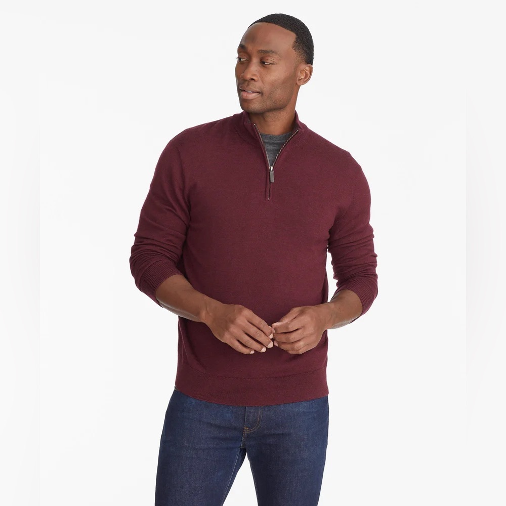 UNTUCKit 2XL XXL maroon solid 100% merino wool 1/4 zip pullover sweater EUC